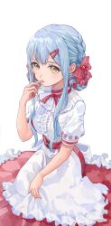 1girl absurdres apron bang_dream! bang_dream!_it&#039;s_mygo!!!!! blacky1266859 blue_hair braid center_frills commentary food frills fruit hair_ornament hairclip highres long_hair red_eyes shirt sidelocks simple_background solo strawberry sweets_paradise togawa_sakiko tongue tongue_out white_apron white_background white_shirt yellow_eyes