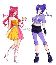 2girls ami_onuki hi_hi_puffy_amiyumi highres multiple_girls shorts simple_background skull smile white_background yumi_yoshimura