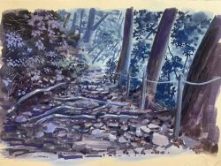 Rule 34 | bush, day, doremifa84, fence post, forest, highres, hill, nature, no humans, original, painting (medium), plant, rock, rope, rope fence, traditional media, tree