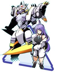 1girl ancientgarurumon digimon dual_wielding highres holding hololive hololive_indonesia mitosupa_(qsiqydfz7nesh9w) moona_hoshinova red_eyes sharp_teeth sword teeth ten_legendary_warriors virtual_youtuber weapon wheel wolf
