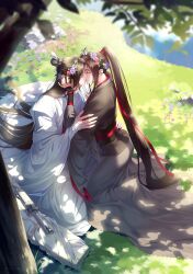 Rule 34 | 2boys, absurdres, ahoge, black hair, black hanfu, black robe, blurry, brown hair, chinese clothes, closed eyes, couple, dappled sunlight, day, flower, flower wreath, full body, grass, hair flower, hair ornament, hair ribbon, hand on another&#039;s arm, hand on another&#039;s head, hanfu, head wreath, high ponytail, highres, jian (weapon), kiss, kneeling, korean commentary, lan wangji, long hair, long sleeves, male focus, modao zushi, multiple boys, outdoors, ponytail, red ribbon, ribbon, robe, sidelocks, sitting, ssu saeu, sunlight, sword, tassel, topknot, tree, twitter username, very long hair, watermark, weapon, wei wuxian, white hanfu, white robe, wide sleeves, xiao guan (headdress), yaoi