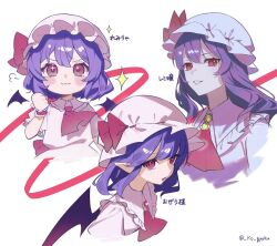 1girl bat_wings brooch hat highres jewelry ko_gyoku looking_at_viewer mob_cap purple_hair red_eyes remilia_scarlet short_hair smile solo touhou twitter_username wings