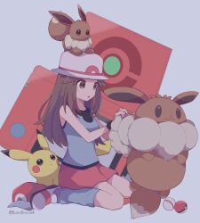 1girl 343rone :o absurdres bag blue_shirt blue_socks brown_bag brown_eyes brown_hair bucket_hat commentary_request eevee gen_1_pokemon hair_flaps hat highres holding holding_bag leaf_(pokemon) long_hair loose_socks nintendo on_head partial_commentary pikachu pleated_skirt poke_ball poke_ball_(basic) pokemon pokemon_(creature) pokemon_frlg pokemon_on_head premier_ball red_skirt shirt shoes skirt sleeveless sleeveless_shirt socks unworn_hat unworn_headwear white_footwear white_headwear wristband