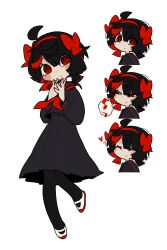 1girl @_@ ^_^ ahoge black_hair black_pantyhose black_serafuku black_shirt black_skirt blush_stickers bow closed_eyes closed_mouth commentary_request hair_bow hairband heart highres leg_up low_twintails mochihamo_chiya multicolored_hair multiple_expressions multiple_views musical_note neckerchief original pantyhose parted_lips red_bow red_eyes red_hair red_hairband red_nails red_neckerchief school_uniform serafuku shirt shoes short_hair short_twintails simple_background skirt smile speech_bubble spoken_musical_note twintails two-tone_hair uwabaki white_background white_shoes