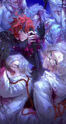 6+boys :d absurdres ahoge aotsuki_eito arms_up black_gloves bleeding blood blood_in_hair blood_on_clothes blood_on_face blood_on_neck bloody_knife bloody_weapon blue_background blue_eyes bound bound_wrists chinese_commentary clone evil_grin evil_smile eyes_out_of_frame glasses gloves grey_hair grin hand_on_another&#039;s_shoulder head_out_of_frame highres holding holding_sword holding_weapon hood impaled injury jacket knife last_defense_academy_school_uniform looking_at_viewer male_focus multicolored_hair multiple_boys noose open_mouth out_of_frame pants purple_eyes red_hair school_uniform short_hair smile streaked_hair string string_of_fate sumino_takumi sword the_hundred_line_-last_defense_academy- waiaaaaaaa weapon whispering white_jacket white_pants