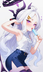 1girl absurdres ahoge arm_up armpit_focus armpits black_halo black_horns black_thighhighs blue_archive center_frills demon_girl demon_horns demon_wings food frills hair_ornament hairclip halo hand_in_own_hair highres hina_(blue_archive) holding holding_food holding_popsicle horns karaage_(xxxmido02) long_hair looking_at_viewer low_wings multiple_horns parted_bangs pencil_skirt popsicle presenting_armpit purple_eyes purple_wings shirt shirt_tucked_in skirt sleeveless sleeveless_shirt solo sweat thighhighs tongue tongue_out white_background wings