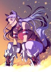 1girl animal_ears armband blunt_bangs bow bowtie breasts commentary_request ear_covers embers flaming_eye gloves gold_ship_(umamusume) highres horse_ears horse_girl horse_tail large_breasts nagy pants pillbox_hat purple_eyes purple_hair purple_pants red_bow red_bowtie solo squatting tail umamusume white_gloves