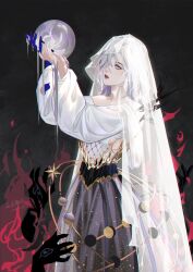 1girl alternate_costume bare_shoulders black_background breasts chinese_commentary colored_skin commentary_request corset cowboy_shot dated dreya_(path_to_nowhere) dripping fire ghost_hands grey_skirt hair_over_one_eye highres holding_orb looking_at_object looking_up medium_breasts medium_hair moon_phases off-shoulder_shirt off_shoulder one_eye_covered parted_lips path_to_nowhere planetarium puffy_sleeves purple_eyes red_lips see-through_clothes see-through_shirt see-through_veil shirt signature skirt solo torn_clothes torn_shirt underboob variant_set veil white_hair white_shirt white_veil yaoyao_wanhe