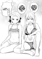 2girls bare_legs bare_shoulders barefoot bikini bikini_skirt blush bow breasts cleavage closed_mouth collarbone dot_nose english_text fangs feet female_focus flat_chest full_body hair_bow hair_bun highres hiroyuki hoshizaki_rika_(kanojo_mo_kanojo) kanojo_mo_kanojo kiryuu_shino large_breasts legs long_hair looking_at_viewer manga_page midriff monochrome multiple_girls navel official_art open_mouth single_hair_bun sitting stomach swimsuit swimsuit_skirt teeth thighs twintails