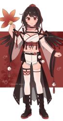 1girl alternate_costume bird_wings black_boots black_choker black_wings blush boots breasts brown_hair choker cleavage closed_mouth collarbone commentary_request commission feathered_wings full_body hat hauchiwa highres holding looking_at_viewer medium_breasts medium_hair midriff mozukuzu_(manukedori) navel red_eyes red_hat see-through_clothes see-through_sleeves shameimaru_aya skeb_commission smile solo thighhighs tokin_hat touhou twitter_username white_thighhighs wide_sleeves wings