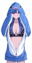 ... 1girl absurdres animal_costume animal_hood black_bra blue_hair blush bra breasts cleavage closed_mouth collarbone commentary cowboy_shot highres hood inaka_44 long_hair looking_at_viewer medium_breasts navel original paid_reward_available penguin_costume penguin_hood print_bra purple_eyes simple_background solo speech_bubble symbol-only_commentary underwear white_background