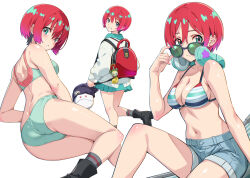 1girl adjusting_eyewear amate_yuzuriha ass backpack bag bare_shoulders beanie black_boots black_hat blue_bra blue_panties blue_shorts blue_skirt boots bra breasts closed_mouth commentary_request denim denim_shorts from_behind grey_socks gundam gundam_gquuuuuux hair_between_eyes haro hat headphones headphones_around_neck long_sleeves looking_at_viewer lying multiple_views nagayori navel on_side panties red_bag red_hair shorts simple_background skirt smile socks solo stomach sunglasses thighs underwear white_background