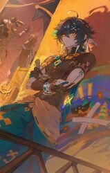 ! !! 3boys absurdres ajaw_(genshin_impact) antenna_hair aoma_(xuanzexuexi) aqua_gloves aqua_headband aqua_pants aqua_ribbon arm_tattoo artist_name black_gloves black_hair black_ribbon black_shirt blonde_hair box bracelet chest_harness closed_mouth clothes_around_waist commentary_request crossed_arms crossed_bangs dark-skinned_male dark_skin day ear_piercing earrings expressionless genshin_impact gloves green_eyes green_hair hair_between_eyes hair_ribbon harness headband highres jewelry kinich_(genshin_impact) light_particles male_focus multicolored_eyes multicolored_hair multiple_boys outdoors pants parted_bangs piercing ribbon rope shirt short_hair short_sleeves signature solo_focus spiked_ear_piercing standing streaked_hair tape tattoo two-tone_gloves white_ribbon wooden_box yellow_eyes zipper zipper_pull_tab