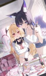 2girls :q @_@ animal_ear_fluff animal_ears black_collar black_hair black_sailor_collar blonde_hair blue_eyes blue_hair blue_shorts blush breasts collar colored_inner_animal_ears commentary compact_(cosmetics) cosmetics cowboy_shot crop_top double-parted_bangs dutch_angle english_commentary fang fingernails fox_ears fox_girl fox_tail hair_between_eyes hair_ornament hairclip halak0000 hand_on_another&#039;s_head head_wings heart highres holding holding_lipstick_tube indoors jewelry large_breasts leaning_forward leash lipstick_mark lipstick_mark_on_neck lipstick_tube long_fingernails long_hair long_sleeves looking_at_viewer makeup_palette micro_shorts mirror multicolored_hair multiple_girls nail_polish nail_polish_bottle neckerchief necklace no_pants original panties parted_lips pink_neckerchief purple_hair purple_nails red_eyes sailor_collar shirt shorts sleeves_past_wrists standing streaked_hair tail tearing_up tongue tongue_out underwear very_long_hair white_panties white_shirt wings