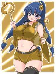 1girl black_panties blue_eyes blue_hair blush brown_shirt brown_shorts earrings facial_mark fossilized_wonders gold highleg highleg_panties highres hiiro_sp holding holding_scepter jewelry key_earrings long_hair michigami_nareko navel panties scepter shirt shorts stomach thighhighs touhou triangle triangle_facial_mark underwear wide_hips