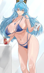 absurdres areola_slip bikini blue_bikini blue_eyes blue_hair breasts covered_erect_nipples cowboy_shot cup food goddess_of_victory:_nikke hair_intakes helm_(nikke) highres holding holding_cup large_breasts navel nuo_(fttv3255) pocky swimsuit