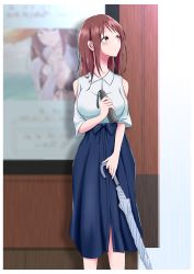 1girl absurdres ad blue_skirt blush breasts closed_mouth clothing_cutout cowboy_shot display_board hand_up highres holding holding_umbrella idolmaster idolmaster_cinderella_girls large_breasts long_skirt looking_away looking_up mifune_miyu motodouryou outdoors red_hair short_sleeves shoulder_cutout side_slit skirt solo umbrella