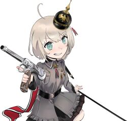 belt black_belt blue_eyes borchardt_c-93 bug c-93_(girls&#039;_frontline) combat_helmet commission girls&#039;_frontline gun handgun helmet highres holding holding_gun holding_weapon kandly medal military_uniform non-web_source pickelhaube weapon