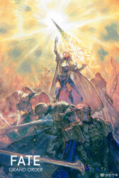 anzishen armor artoria_pendragon_(fate) bedivere_(fate) blonde_hair cape gawain_(fate) highres holding holding_weapon knights_of_the_round_table_(fate) lancelot_(fate/grand_order) multiple_boys purple_hair red_hair saber_(fate) socks tristan_(fate) weapon