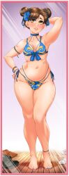1boy anklet arm_behind_head arm_up armpits barefoot bead_bracelet beads bikini blue_bikini blue_flower blue_nails bracelet brown_hair bulge capcom chun-li chun-li_(cosplay) cosplay covered_penis covered_testicles crossdressing double_bun feet flower front-tie_bikini_top front-tie_top full_body hair_bun hair_flower hair_ornament hand_on_own_hip highres jewelry legs male_focus nail_polish navel original side-tie_bikini_bottom solo standing street_fighter suiren_ciao swimsuit toenail_polish toenails toes trap yellow_eyes