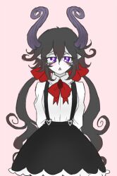 1girl arms_behind_back black_hair black_skirt black_suspenders bow bowtie collared_shirt colored_skin crying demon_girl demon_horns frilled_skirt frills funamusea gallaxi genderswap genderswap_(mtf) hair_between_eyes hair_bow horns long_hair low_twintails open_mouth pink_background pointy_ears purple_eyes red_bow red_bowtie sad satanick_(funamusea) shirt sidelocks simple_background sketch skirt solo suspender_skirt suspenders tears triangle_mouth twintails upper_body very_long_hair white_shirt white_skin