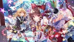 Rule 34 | 2girls, absurdres, alternate costume, black kimono, boots, bow, brown hair, building, character doll, commentary, detached sleeves, drawing on another&#039;s face, english commentary, floral print, floral print kimono, frilled bow, frilled hair tubes, frills, hagoita, hair bow, hair tubes, hakurei reimu, hanetsuki, highres, japanese clothes, kimono, kirisame marisa, long hair, long sleeves, looking at viewer, matara okina, multiple girls, new year, ninjinshiru, no headwear, obi, obiage, official art, open mouth, outdoors, paddle, print kimono, red bow, red eyes, red kimono, sash, second-party source, smile, star (symbol), star print, teeth, touhou, touhou danmaku kagura, upper teeth only, wide sleeves, yakumo yukari