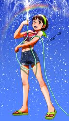 Rule 34 | 1girl, blue background, blue shorts, brown hair, chutohampa, crop top, denim, denim shorts, green hairband, green sandals, hairband, highres, hose, jeans, midriff, navel, one eye closed, open mouth, original, pants, purple tank top, rainbow, sandals, short hair, short shorts, shorts, signature, solo, tank top, teeth, water drop