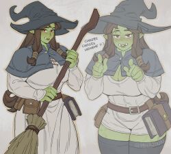 1girl belt blue_capelet blue_hat book breasts broom brown_belt brown_hair capelet cleavage colored_skin english_text female_orc fraeya_(m4rjinn) freckles green_skin hat highres holding holding_broom long_hair long_sleeves looking_at_viewer m4rjinn muscular muscular_female nightgown orc original pointy_ears red_eyes smile solo strong tusks white_nightgown witch_hat