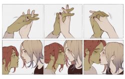 2girls ahageao49 artist_name batman_(series) black_nails blonde_hair blue_eyes blue_hair closed_eyes colored_skin commentary dc_comics english_commentary french_kiss gradient_hair green_skin harley_quinn harley_quinn_(cartoon) highres holding_hands interlocked_fingers kiss looking_at_another multicolored_hair multiple_girls open_mouth parted_lips poison_ivy red_hair tongue tongue_out yuri