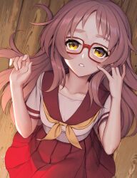 1girl collarbone commentary glasses hand_in_own_hair hands_up highres long_hair mie_ai neckerchief parted_lips pink_hair pleated_skirt red-framed_eyewear red_sailor_collar red_skirt rotix sailor_collar school_uniform serafuku skirt solo sukinako_ga_megane_wo_wasureta teeth yellow_eyes yellow_neckerchief
