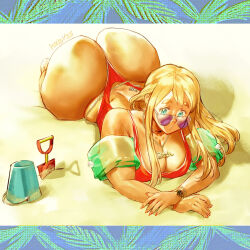 1girl ass bad_anatomy blonde_hair blue_eyes breasts bucket chain condom condom_wrapper fingernails gold_chain highres huge_ass inflatable_armbands jewelry k-on! keigi kotobuki_tsumugi large_breasts lips long_fingernails long_hair lying necklace on_stomach one-piece_swimsuit red_nails red_one-piece_swimsuit shovel sidelocks sunglasses swimsuit tan the_pose thick_eyebrows watch