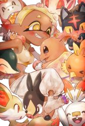&gt;_&lt; 1girl ^_^ bare_shoulders blonde_hair breasts charmander chimchar closed_eyes colored_eyelashes colored_skin company_connection creatures_(company) crop_top cross-shaped_pupils crossover cyndaquil dark-skinned_female dark_skin earrings eating fang fennekin food frye_(deep_cut_outfit)_(splatoon) frye_(splatoon) fuecoco game_freak gen_1_pokemon gen_2_pokemon gen_3_pokemon gen_4_pokemon gen_5_pokemon gen_6_pokemon gen_7_pokemon gen_8_pokemon grin groin harem_pants highres inkling jewelry litten long_hair medium_breasts multicolored_hair multicolored_skin multiple_earrings navel nintendo one_eye_closed orange_hair pants playing_with_another&#039;s_hair plum0o0 pointy_ears poke_ball poke_ball_(basic) pokemon pokemon_(creature) purple_skin scorbunny simple_background sleeveless sleeveless_turtleneck_crop_top smile socks splatoon_(series) splatoon_3 symbol-shaped_pupils tempura tentacle_hair tepig toeless_footwear toeless_legwear torchic turtleneck two-tone_hair white_background white_pants white_socks yellow_eyes