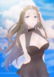 1girl alternate_costume bad_id bad_twitter_id brown_hair cloud cloudy_sky grimms_notes long_hair mona_lisa_(grimms_notes) one-piece_swimsuit ri_(mettatonnnn) sky solo swimsuit
