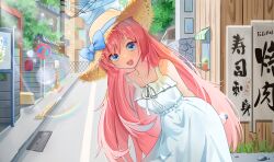 1girl :d absurdres bare_shoulders blue_bow bocchi_the_rock! bottle bow bus_stop collarbone dress fence gotoh_hitori grass hat hat_bow highres holding holding_bottle house iron_fence leaf leaning_to_the_side lens_flare long_hair looking_at_viewer open_mouth outdoors pink_hair plant potted_plant ribbon road road_sign scenery sign smile standing straw_hat sundress tbyjpg traffic_cone very_long_hair water_bottle white_dress window windowsill