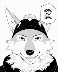 black_eyes english_text fortnite furry furry_male highres kou_(ixkouu) looking_at_viewer meme monochrome nah_i&#039;d_win_(meme) smile speech_bubble talking wendell_(fortnite) wolf_boy