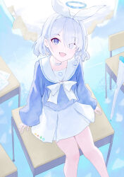 1girl absurdres arona_(blue_archive) artur_link blue_archive blue_eyes blue_hair blue_halo blue_shirt braid choker commentary desk feet_out_of_frame from_above hair_over_one_eye hair_ribbon halo highres long_sleeves looking_at_viewer looking_up medium_hair on_table open_mouth ribbon school_desk school_uniform shirt side_braid sitting skirt smile solo table white_choker white_ribbon white_skirt