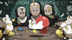 &gt;_&lt; 3girls :o ^_^ baby_animal backpack badge bag balloon bangs_pinned_back bird blonde_hair blow blue_eyes brown_eyes brown_hair chalkboard cheek_press chicken closed_eyes clothes_pin clumsy_nun_(diva) commentary diva_(hyxpk) duck duckling english_commentary falling feathers fishbowl fishbowl_helmet froggy_nun_(diva) habit hand_on_another&#039;s_arm highres leaf little_nuns_(diva) multiple_girls note numbered_flag nun open_mouth outstretched_arm oven_mitts reflection rubber_band safety_glasses spicy_nun_(diva) squatting surprised sweatdrop telescope topknot traditional_nun triangle_mouth wet wet_clothes wet_hair wind yellow_eyes