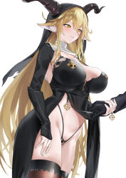 1girl 1other alternate_costume animal_ears arknights black_dress black_gloves black_panties black_thighhighs black_veil blazingchaos blonde_hair breasts clothes_lift commentary degenbrecher_(arknights) doctor_(arknights) dress english_commentary gloves goat_ears goat_girl goat_horns high-waist_panties highres horns horns_through_headwear large_breasts lifting_another&#039;s_clothes long_hair nun panties pelvic_curtain pelvic_curtain_lift shrug_(clothing) simple_background thighhighs underwear veil very_long_hair white_background yellow_eyes