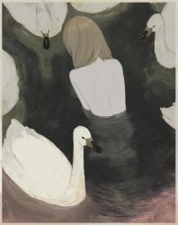 1girl animal back bird border brown_hair chisato_charme female_focus from_behind highres nude original pale_skin partially_submerged pond reflection solo swan water