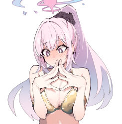 1girl alternate_hairstyle averting_eyes bikini blue_archive blush breasts bright_pupils eri_(erikiri) gold_bikini golden_week golden_week_bikini gradient_hair hair_ornament hair_scrunchie halo highres long_hair mika_(blue_archive) multicolored_hair own_hands_together pink_hair pink_halo ponytail purple_eyes scrunchie shiny_swimsuit steepled_fingers swimsuit tareme white_pupils yellow_eyes