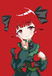 Rule 34 | 1girl, blunt bangs, blush, braid, closed mouth, commentary request, dated commentary, highres, kaenbyou rin, long hair, long sleeves, looking at viewer, looking up, red background, red eyes, smile, solo, subterranorm, touhou, twin braids, upper body