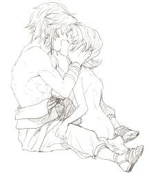1boy 1girl abs ass back bandages barefoot capri_pants closed_eyes clothed_male_nude_female couple hands_on_another&#039;s_head hetero ilia kiss kneeling link monochrome muscular nintendo nude pants petite pointy_ears the_legend_of_zelda the_legend_of_zelda:_twilight_princess topless_male yo_mo