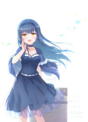 Rule 34 | 1girl, belt, black hairband, blue capelet, blue dress, blue hair, blush, bone hair ornament, breasts, capelet, choker, cleavage, collarbone, commentary, dress, frilled capelet, frilled choker, frills, hair ornament, hairband, hand to own mouth, kousetsu, kushima kamome, looking at viewer, medium breasts, open mouth, rolling suitcase, skull and crossbones, skull hair ornament, solo, standing, suitcase, summer pockets, symbol-only commentary, twitter username, watermark, yellow eyes