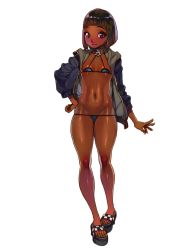 1girl bad_id bad_pixiv_id bikini bob_cut brown_eyes brown_hair choker dark-skinned_female dark_skin f.s. female_focus flat_chest full_body jacket loli looking_at_viewer micro_bikini navel original sandals short_hair solo swimsuit transparent_background