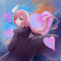 Rule 34 | 1girl, artist name, balloon, black cloak, blue eyes, chinese commentary, cloak, closed mouth, commentary request, dated, elysia (honkai impact), from behind, hair ornament, hairband, heart balloon, highres, honkai (series), honkai impact 3rd, long hair, looking at viewer, looking back, pink hair, pink pupils, pointy ears, rio (user kzxp8757), smile, solo, white hairband