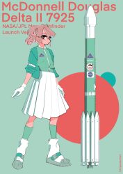 1girl armband brown_hair circle cirque_du_ciel coat commentary commentary_request dress english_commentary english_text expressionless glasses green_background green_coat green_jacket green_leggings green_sandals green_theme highres jacket leggings logo looking_at_viewer looking_to_the_side mixed-language_commentary nasa_logo open_clothes open_coat original personification pleated_dress red_background red_eyes rocket sandals short_hair simple_background sleeves_rolled_up socks three_quarter_view twintails vehicle_and_personification white_armband white_dress white_socks zipper_pull_tab
