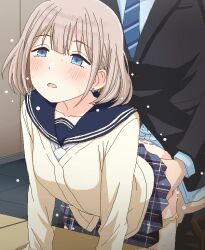 1boy 1girl blue_necktie blue_sailor_collar blue_skirt brown_hair clothed_sex doggystyle formal_clothes hetero idolmaster idolmaster_shiny_colors necktie plaid_clothes plaid_skirt producer_(idolmaster) sailor_collar school_uniform serizawa_asahi sex_from_behind short_hair skirt suit tomu_(tomubobu)