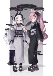 2girls ahoge alternate_costume black_gloves black_hairband black_halo black_horns black_kimono black_nails black_sandals blue_archive blue_eyes blush character_name commentary fingernails frilled_hairband frills full_body gloves grey_kimono grey_sash hairband halo hand_up hands_up heterochromia highres hina_(blue_archive) horns hoshino_(blue_archive) japanese_clothes jewelry kimono long_hair looking_at_viewer multiple_girls nail_polish obi oninaart parted_bangs parted_lips pink_hair purple_eyes purple_sash ring sandals sash standing toenail_polish toenails very_long_hair white_hair yellow_eyes