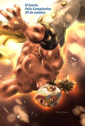 Rule 34 | 1boy, abs, adam&#039;s apple, angie (kani-ga-tobuna), ass, bara, brown hair, dark skin, el fuerte, happy birthday, large pectorals, luchador mask, male focus, muscular, muscular male, nipples, pectorals, solo, street fighter, thighs, topless male, upside-down, wrestling