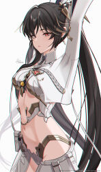 1girl arm_up black_hair bright_pupils chromatic_aberration closed_mouth commentary_request commission cowboy_shot earrings highres jacket jewelry long_hair looking_at_viewer lucia:_pyroath_(pgr) lucia_(pgr) navel pixiv_commission punishing:_gray_raven red_eyes signature simple_background solo stomach uriuritei very_long_hair white_background white_jacket white_pupils